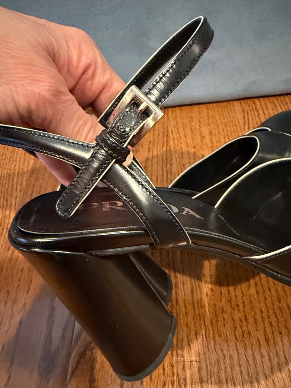 Prada Black Leather Ankle-Strap Pumps with Contrast Piping - Picture 7 of 14